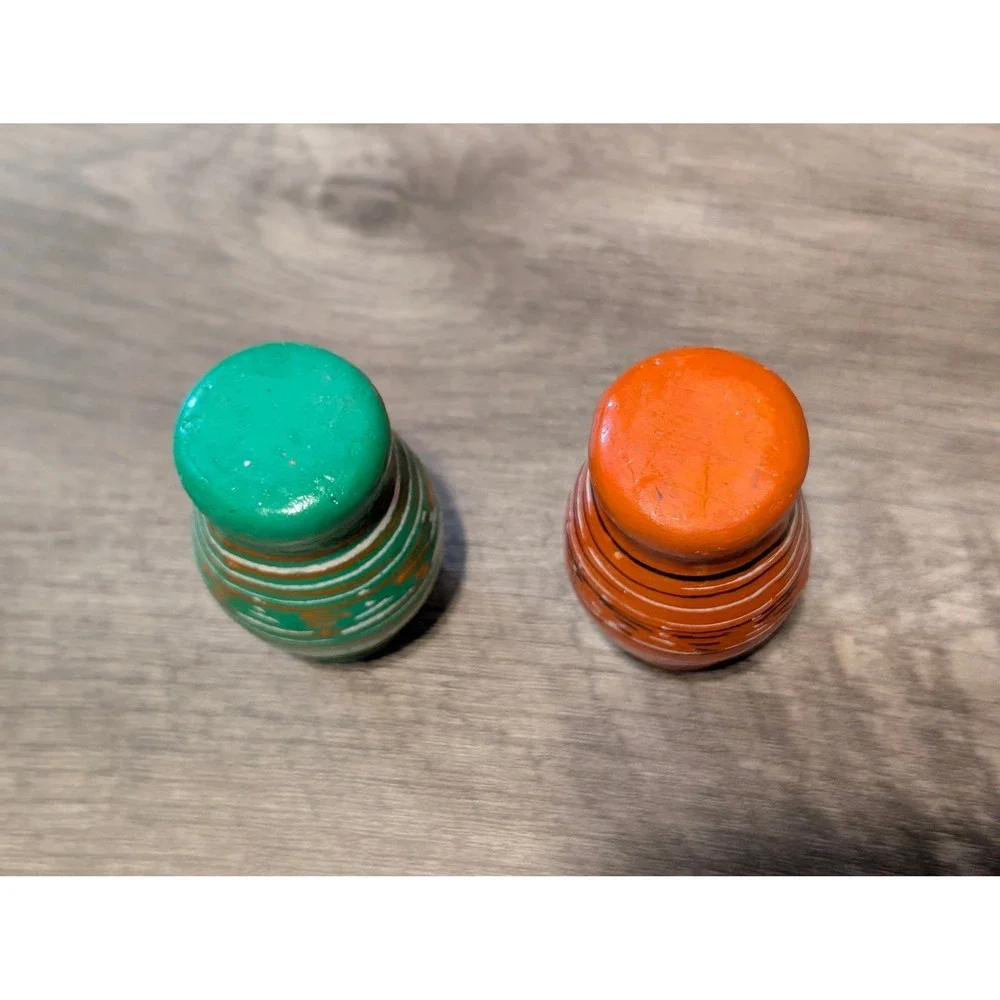 Vintage Hand Painted Miniature Pottery Vases Set of 2 Green Orange Folk Art 3